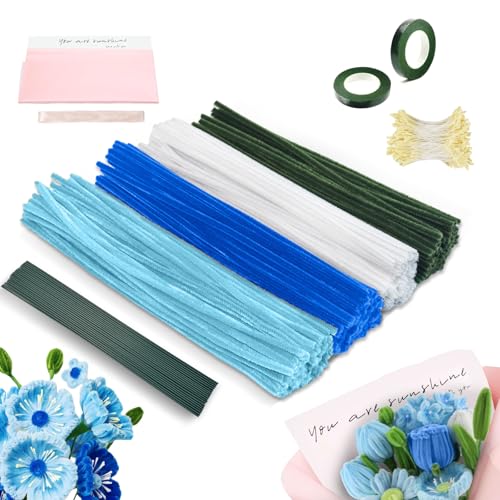 Pfeifenreiniger Blumenset zum Basteln, 425 Stück Pfeifenreiniger Blumen Set, mit Grün Basteldraht, Geschenkpapier, Geschenkband, Klebeband, Blumen Staubblatt für Blumenstrauß DIY Dekorationen von Brmeday