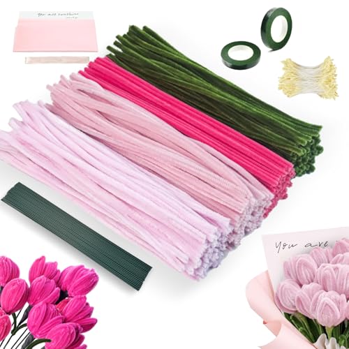 Rosa Tulip Pfeifenreiniger Blumen Set, 425 Stück Pfeifenputzer zum Basteln Blumen, Pfeifenreiniger zum Basteln, mit Grün Basteldraht, Geschenkpapier, Geschenkband, Klebeband, Blumen Staubblatt von Brmeday