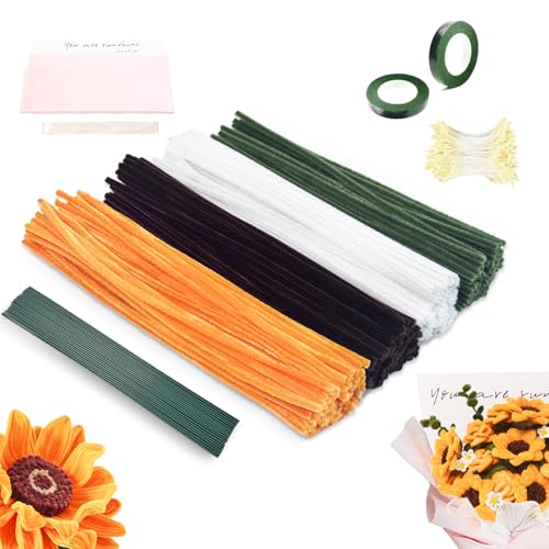 Sonnenblumen Blumenstrauß, Pfeifenreiniger Blumen Set, 425 Stück Pfeifenputzer zum Basteln Blumen, mit Grün Basteldraht, Geschenkpapier, Geschenkband, Klebeband, Blumen Staubblatt von Brmeday