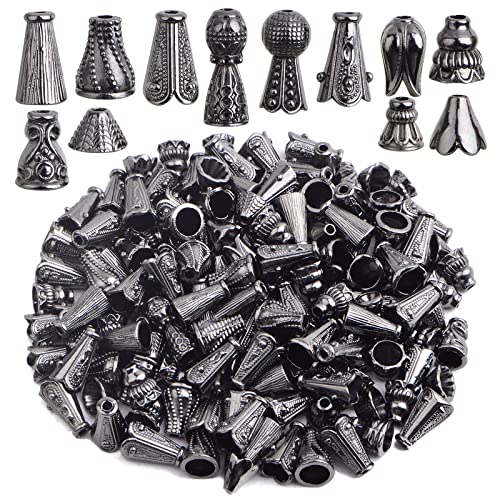 100 Gramm (ca. 110–150 Stück) verschiedene Stile, Kegel-Perlenkappen, tibetische Legierung, Blumen-Abstandshalter, Perlenkappen, Quasten-Endkappen für DIY, Handwerk, Schmuckherstellung, Pistolenschwarz von BronaGrand