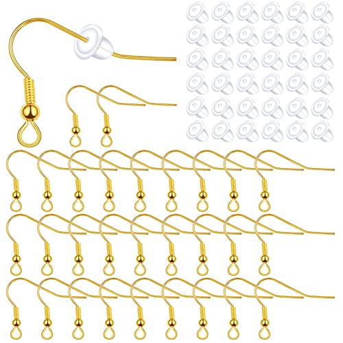 50 Stück Edelstahl-Ohrringhaken, hypoallergen, Ohrdraht, Fischhaken, baumelnde Ohrringe mit 50 Kugelohrring-Verschlüssen für DIY-Schmuckherstellung, goldfarben 50 Stück Edelstahl-Ohrringhaken, hypoallergen, Ohrdraht, Fischhaken, baumelnde Ohrringe mit 50 Kugelohrring-Verschlüssen für DIY-Schmuckherstellung, goldfarben von BronaGrand