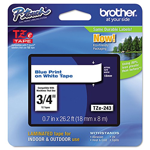 Brother Band, 19 mm (3/4 Zoll), Blau auf Weiß (TZe243), Einzelhandelsverpackung weiß von Brother