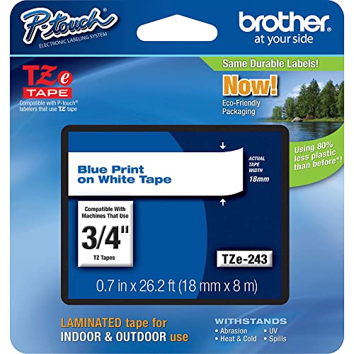 Brother Band, 19 mm (3/4 Zoll), Blau auf Weiß (TZe243), Einzelhandelsverpackung weiß von Brother