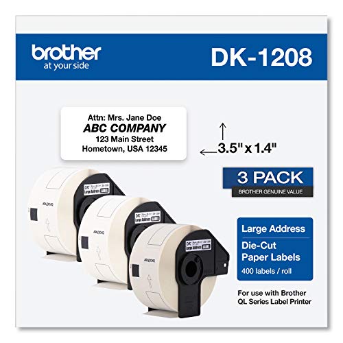 Brother DK-1208 Adress-Etiketten, gestanzt, groß, langanhaltende Zuverlässigkeit, gestanzt, groß, 400 Etiketten pro Rolle, (1 Rolle pro Box, DK1208, weiß (DK12083PK) von Brother