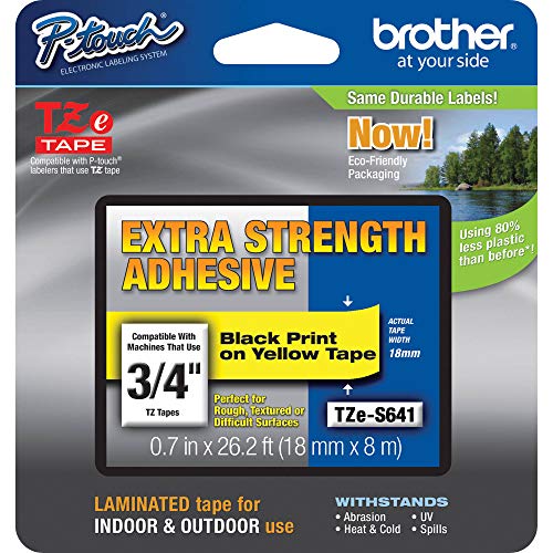Brother Laminiertes Klebeband, Einzelhandelsverpackung, 3/4 Zoll, Schwarz auf Gelb (TZeS641) von Brother