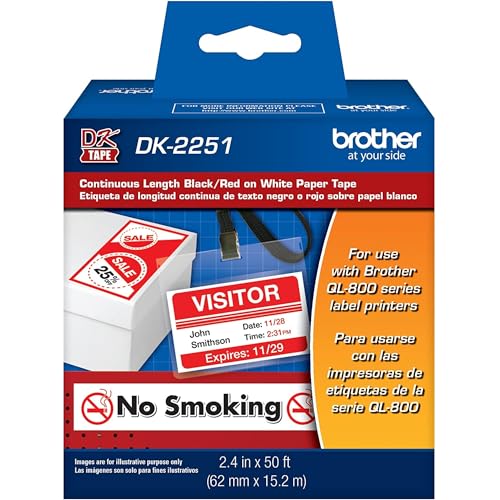 Brother Original DK-2251 Ersatz-Etiketten in durchgehender Länge, schwarz-rotes Etikett auf weißem Papierband, entwickelt mit Excellence, 6,1 cm x 15,2 m, 1 Rolle pro Box von Brother