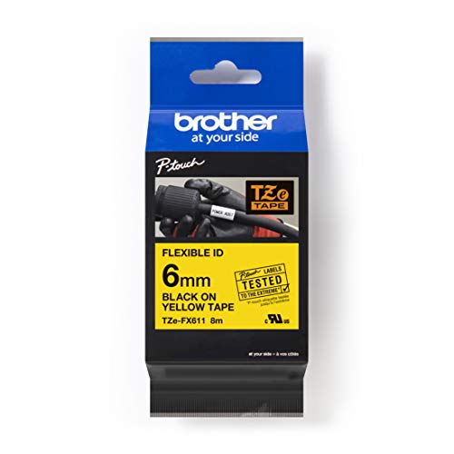 Brother Original P-touch Schriftband TZE-FX611 6 mm, schwarz auf gelb (u.a. für Brother P-touch PT-H100LB/R, -H105, -E100/VP, -D200/BW/VP, -D210/VP) zur Kabel- und Rohrbeschriftung, laminiert von Brother