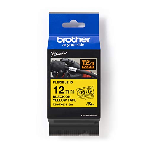 Brother Original P-touch Schriftband TZE-FX631 12 mm, schwarz auf gelb (u.a. für Brother P-touch PT-H100LB/R, -H105, -E100/VP, -D200/BW/VP, -D210/VP) zur Kabel- und Rohrbeschriftung, laminiert von Brother