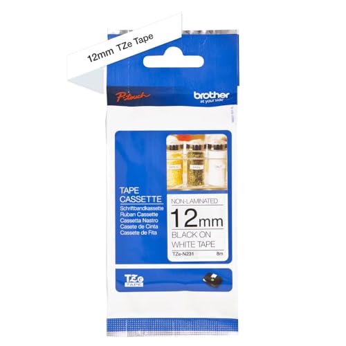 Brother Original P-touch Schriftband TZE-N231 12 mm, schwarz auf weiß (u.a. für Brother P-touch PT-H100LB/R, -H105, -E100/VP, -D200/BW/VP, -D210/VP) nicht laminiert von Brother