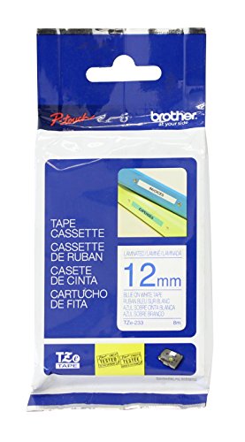 Brother Original P-touch Schriftband TZe-233 12 mm, blau auf weiß (kompatibel u.a. mit Brother P-touch PT-H100LB/R, -H105, -E100/VP, -D200/BW/VP, -D210/VP) von Brother