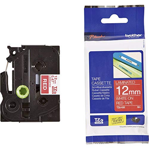 Brother Original P-touch Schriftband TZe-435 12 mm, weiß auf rot (kompatibel u.a. mit Brother P-touch PT-H100LB/R, -H105, -E100/VP, -D200/BW/VP, -D210/VP) von Brother