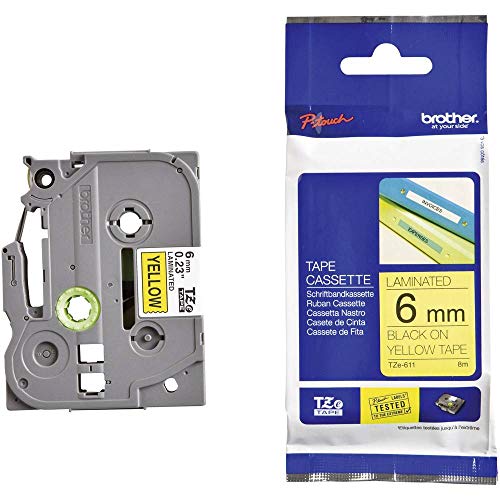 Brother Original P-touch Schriftband TZe-611 6 mm, schwarz auf gelb (kompatibel u.a. mit Brother P-touch PT-H100LB/R, -H105, -E100/VP, -D200/BW/VP, -D210/VP) von Brother