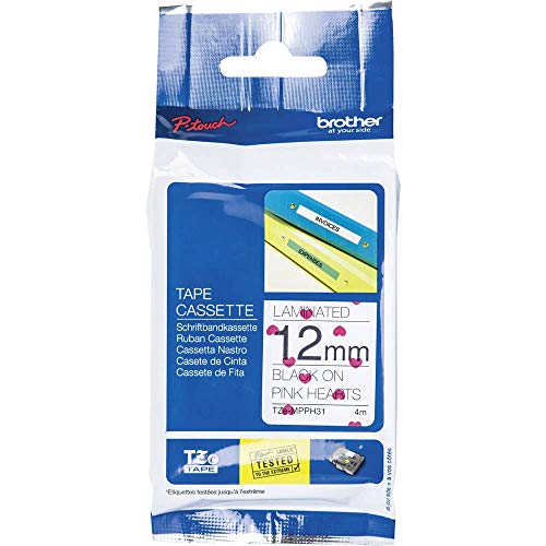 Brother Original P-touch Schriftband TZe-MPPH31 (12 mm breit, u.a. für Brother P-touch H100LB/R, H105, H200, E100/VP, D200/BW/VP, D210/VP, 4 m lang, laminiert) schwarz auf rosa Herzen von Brother