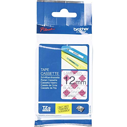 Brother Original P-touch Schriftband TZe-MPRG31 (12 mm breit, u.a. für Brother P-touch H100LB/R, H105, H200, E100/VP, D200/BW/VP, D210/VP, 4 m lang, laminiert) schwarz auf rot-kariert von Brother