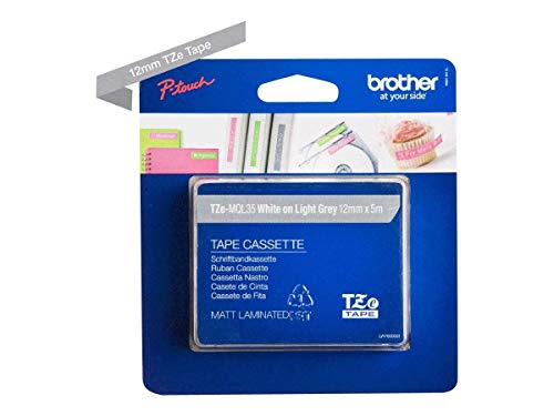 Brother Original P-touch Schriftband TZe-MQL35 12 mm, weiß auf matt-hellgrau (kompatibel u.a. mit Brother P-touch PT-H100LB/R, -H105, -E100/VP, -D200/BW/VP, -D210/VP) von Brother