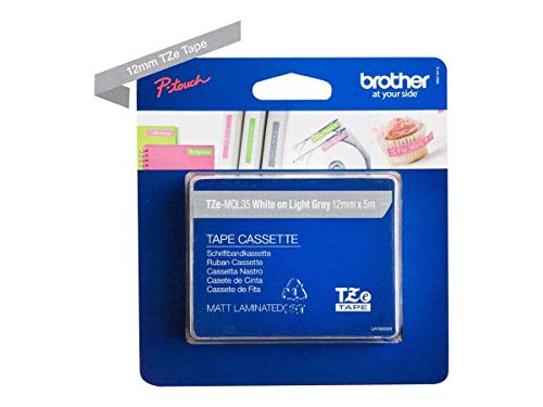 Brother Original P-touch Schriftband 12 mm, weiß auf matt-hellgrau (kompatibel u.a. mit Brother P-touch PT-H100LB/R, -H105, -E100/VP, -D200/BW/VP, -D210/VP) TZEMQL35 von Brother