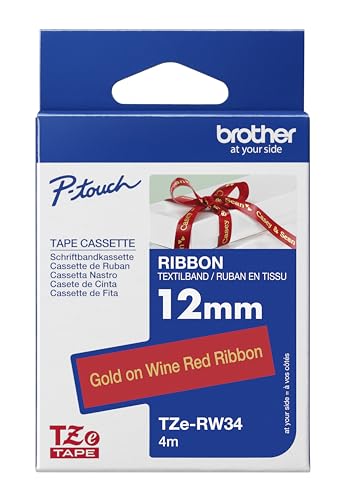 Brother Original P-touch Textil-Schriftband TZe-RW34, 12 mm gold auf weinrot (u.a. für Brother P-touch H200, H100LB/R, H105, E100/VP, D200/BW/VP, D210/VP) von Brother
