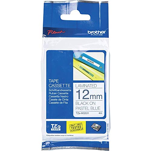 Brother Original laminiertes Schriftband TZe-MQ531 12 mm, schwarz auf pastell-blau (u.a.für Brother P-touch H200, H100LB/R, H105, E100/VP, D200/BW/VP, D210/VP, Cube) von Brother