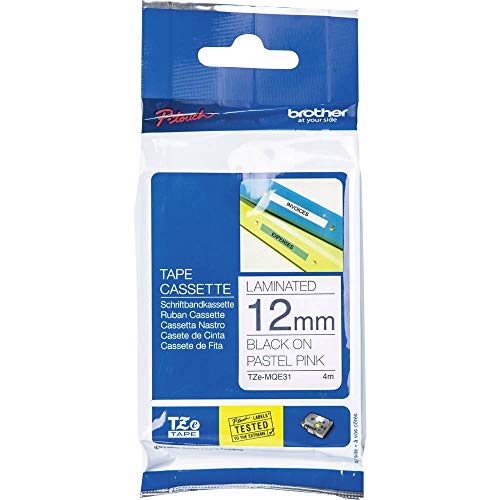 Brother Original laminiertes Schriftband TZe-MQE31 12 mm, schwarz auf pastell-rosa (u.a.für Brother P-touch H200, H100LB/R, H105, E100/VP, D200/BW/VP, D210/VP, Cube) von Brother