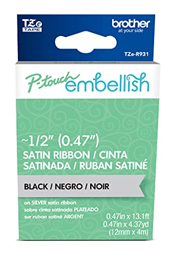 Brother P-touch Embellish Black Print on Silver Satin Ribbon TZER931 Satinband, Kunststoff, Schwarz auf Silber, 12mm (0.47”), 4 meter von Brother