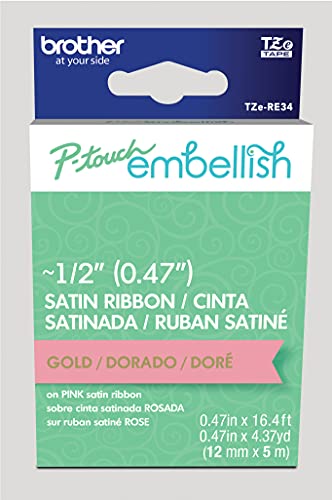 Brother P-touch Embellish TZERE34 Satinband, goldfarben, 1,2 cm breit x 34 cm lang, für Verwendung mit P-Touch Embellish Ribbon & Tape Drucker von Brother