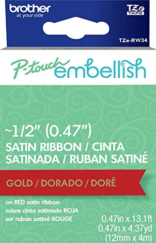 Brother P-touch Embellish TZERW34 Satinband, goldfarben, 1,2 cm breit x 33,1 m lang, für P-Touch Embellish Ribbon & Tape Drucker von Brother