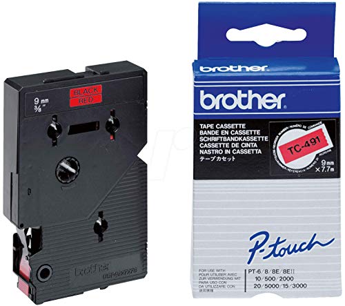Brother TC491 Schriftbandkassette 9mm x 7,7 m laminiert rot/schwarz für P-touch 8e 500/2000/3000/5000 von Brother
