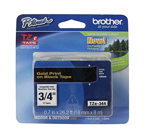 Brother TZe-344 P-touch Schriftband (18 mm, geeignet u.a. für Brother P-touch 1830VP, -D400/VP, -D450, -D600/VP, -P700, -2430, laminiert, 8 m lang) gold auf schwarz, TZE344, Klein von Brother