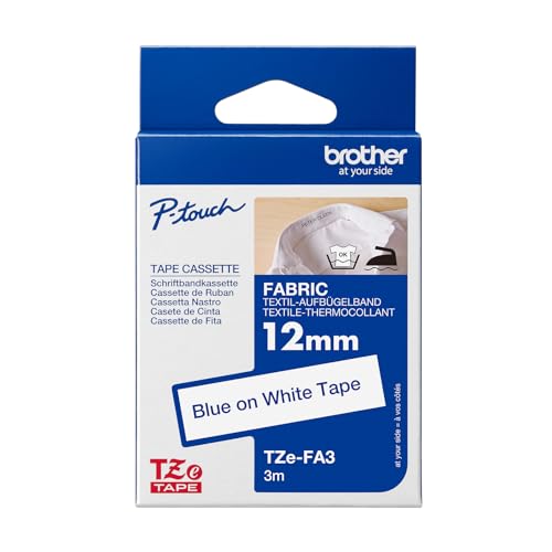 Brother TZe-FA3 P-touch Textil-Aufbügelband (12 mm breit, 3 m lang, blau auf weiß, u.a. für P-touch H200, H100LB/R, H105, E100/VP, D200/BW/VP, waschbar, auch für chemische Reinigung geeignet) von Brother
