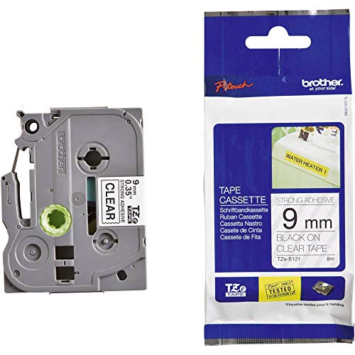 Brother TZe-S121 P-touch Schriftband (extra-stark klebend, 9 mm breit und 8 m lang, laminiert, u.a. für Brother P-touch PT-H105, -E100/VP, -D200/BW/VP, -D210/VP) schwarz auf transparent von Brother