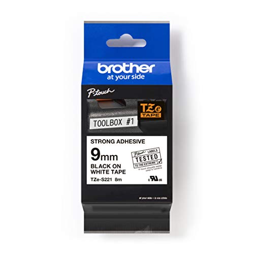 Brother TZe-S221 P-touch Schriftband (extra-stark klebend, 9 mm breit und 8 m lang, laminiert, geeignet u.a. für Brother P-touch PT-H105, -E100/VP, -D200/BW/VP, -D210/VP) schwarz auf weiß von Brother