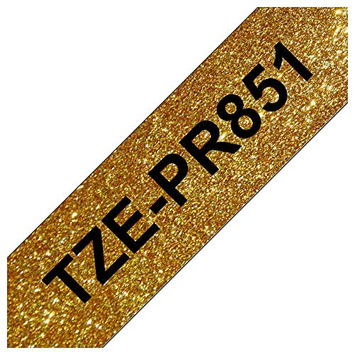 Brother TZePR851 Original TZe-Aufbügelband auf premium-gold, 24 mm breit, 8 m lang, laminiert Schwarz auf Glitzer-Gold von Brother