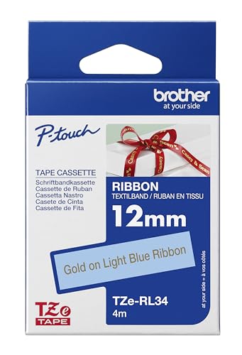 Original Brother textiles Schriftband TZe-RL34 gold auf hellblau - 12 mm breit, 4 m lang (u.a. für Brother P-touch H200, H100LB/R, H105, E100/VP, D200/BW/VP, D210/VP,Cube, Cube Plus) von Brother