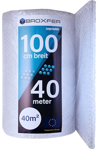 BROXFER Luftpolsterfolie – große Noppen – 100 cm x 40 m (40 m²) – Verpackungsfolie für Umzug, Versand, Möbel & empfindliche Gegenstände – stoßdämpfend & 2-lagig – LPF von Broxfer