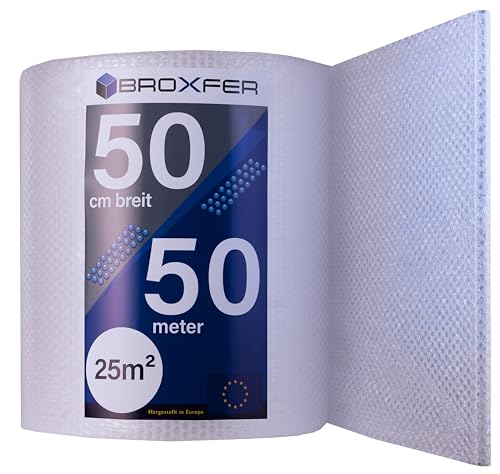 Broxfer Luftpolsterfolie Rolle 50cm x 50m Polsterfolie für Umzug/Versand 2-schichtig Verpackungsfolie Knallfolie LPF von Broxfer
