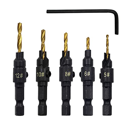 5pcs Countersink Drill Bit Set, Hochgeschwindigkeits-Stahlkit für Industrielle Stahl für Holzbearbeitung, Laminat und Heimatrenovierung, Hexschlüsselschlüsselschlüssel Inklusive von Brrnoo