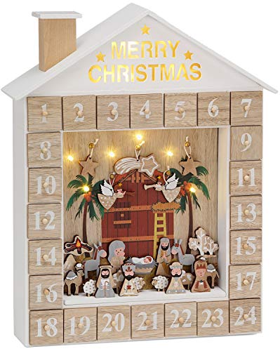 BRUBAKER Adventskalender aus Holz zum Befüllen - Bibelgeschichte Krippe mit LED Beleuchtung - Wiederverwendbarer DIY Weihnachtskalender 31.5 x 38.2 x 6.3 cm von BRUBAKER