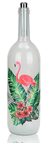 BRUBAKER Lichterflasche mit Aufdruck Flamingo mit Hibiskus 10 LED Lichter 34,7 cm Höhe Weiß von BRUBAKER