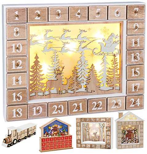 BRUBAKER Adventskalender aus Holz zum Befüllen - Fliegender Weihnachtsmann mit LED-Beleuchtung - Wiederverwendbarer DIY Weihnachtskalender 35.5 x 6 x 27 cm von BRUBAKER