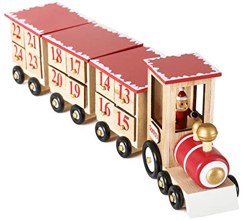 BRUBAKER Adventskalender aus Holz zum Befüllen - Rote Lokomotive mit 24 Türchen - Wiederverwendbarer DIY Weihnachtskalender 47.5 x 9.5 x 14 cm von BRUBAKER