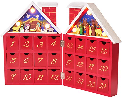 BRUBAKER Adventskalender aus Holz zum Befüllen - Rotes Weihnachtshaus mit Krippenspiel und LED-Beleuchtung - Wiederverwendbarer DIY Weihnachtskalender 21 x 9 x 30 cm von BRUBAKER