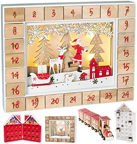 BRUBAKER Adventskalender aus Holz zum Befüllen - Weihnachtsmann im Wald mit LED-Beleuchtung - Wiederverwendbarer DIY Weihnachtskalender 35.5 x 6 x 27 cm von BRUBAKER