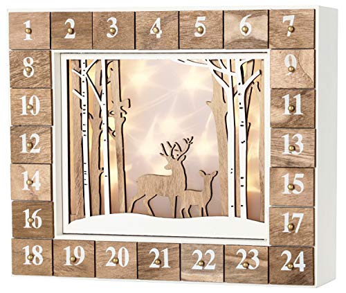 BRUBAKER Adventskalender aus Holz zum Befüllen - Weiße Winterlandschaft mit LED Beleuchtung - Wiederverwendbarer DIY Weihnachtskalender 35.5 x 6 x 27 cm von BRUBAKER