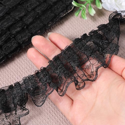 4,5 m schwarze Spitzen-Rüschenborte zum Basteln, Schichtplissiert, Netz, Spitzenrand, besticktes Nähband, Einfassung, Stoff für Hochzeit, Brautkleid, Geschenkverpackung, Dekoration, Breite 4,8 cm von Bruislard