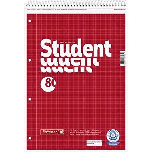 BRUNNEN Collegeblock Student Recycling Spirale oben | A4, Lineatur 28, 80 Blatt, rot von BRUNNEN
