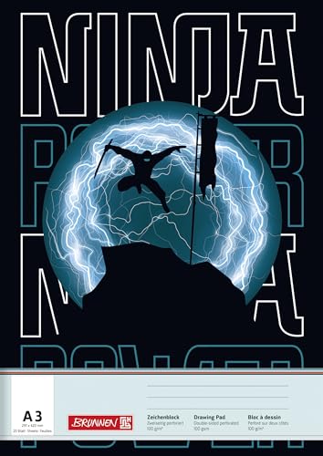 BRUNNEN Zeichenblock A3 20 Blatt 100 g/m² aus der Serie Magic Butterfly oder Ninja Power (Ninja Schwarz) von Brunnen