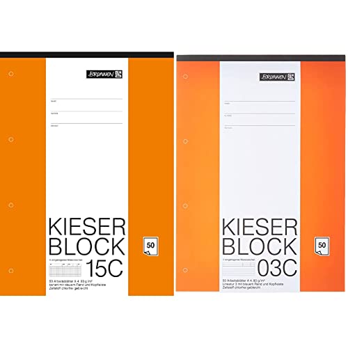 Brunnen 1042925 KIESER-Block Lineatur 22 (A4, 50 Blatt, kariert, 80 g/m², gelocht) & 1042923 KIESER-Block Lineatur 3 (A4, 50 Blatt, blanko, 80 g/m², Klasse 3) von BRUNNEN