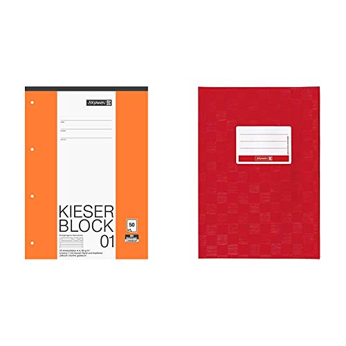 Brunnen 1042941 KIESER-Block Lineatur 1 (A4, 50 Blatt, gelocht, 80 g/m², Klasse 1) & 104052524 Hefthülle/Heftumschlag (A5, Folie, mit Namensschild) rot von BRUNNEN