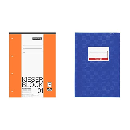 Brunnen 1042941 KIESER-Block Lineatur 1 (A4, 50 Blatt, gelocht, 80 g/m², Klasse 1) & 104052536 Hefthülle/Heftumschlag (A5, Folie, mit Namensschild) blau von BRUNNEN