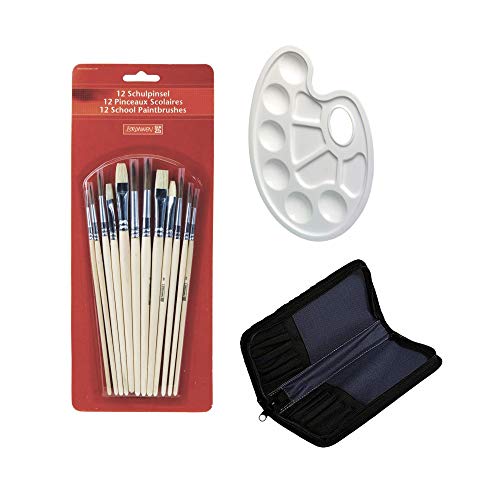 Brunnen 1048929 Schulpinselset (12 er Set, Naturhaar) (1, 12 Pinsel + Tasche + Mischpalette) von BRUNNEN
